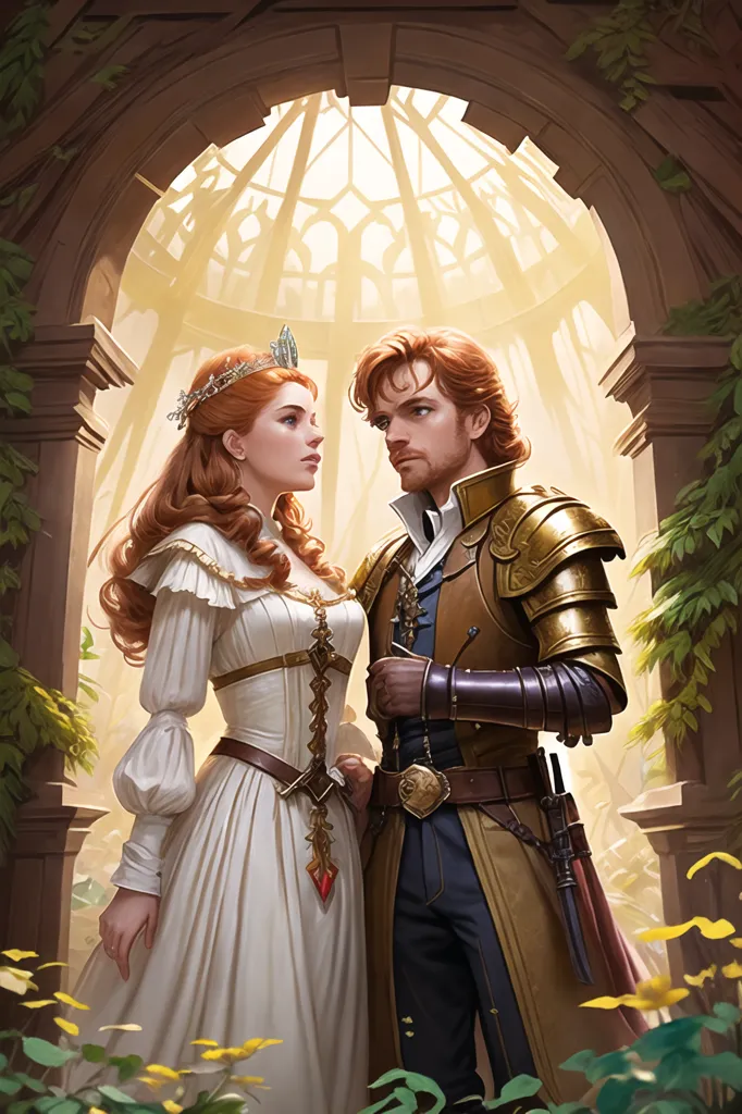 The image is of a man and a woman standing in a courtyard. The man is on the left and the woman is on the right. The man is wearing a white shirt, brown pants, and a brown cape. He has a sword on his hip and a dagger in his boot. The woman is wearing a white dress with a green sash. She has a crown on her head and a necklace around her neck. She is holding a bouquet of flowers. The background is a courtyard with a stone wall and a large wooden door. There are plants growing in the courtyard.
