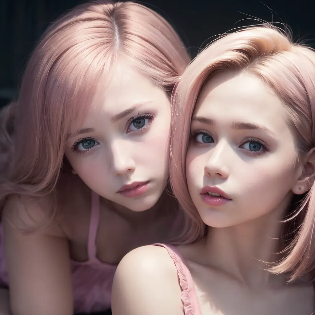The image shows two beautiful young women with pink hair. They are standing close to each other and looking at the viewer with serious expressions. The woman on the left has longer hair and is wearing a pink dress, while the woman on the right has shorter hair and is wearing a white dress. They both have very fair skin and light pink blush on their cheeks. Their eyes are a light blue color and their lips are a soft pink color. The background is a dark color, which makes the women stand out.