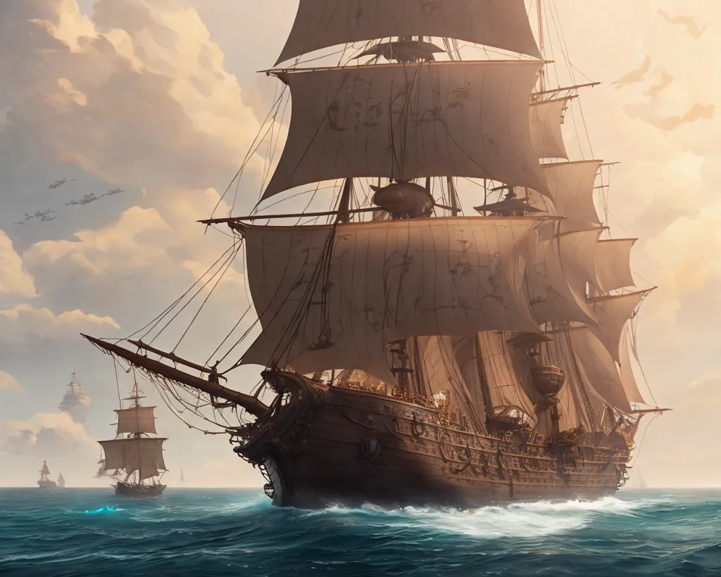 The image is of a large, wooden sailing ship. The ship is in the foreground, with its sails billowing in the wind. The ship is made of wood and has a brown hull. The ship has three masts, with the main mast being the tallest. The main mast is topped with a large sail, while the other masts have smaller sails. The ship also has a bowsprit, which is a long pole that extends from the front of the ship and supports the foremast. The ship is crewed by a number of sailors, who are visible on the deck of the ship. The ship is surrounded by water, with the ocean stretching out to the horizon. The sky is cloudy, with a few clouds dotting the sky. The image is of a pirate ship, with the ship being armed with a number of cannons. The ship is also flying a pirate flag, which is a black flag with a white skull and crossbones.