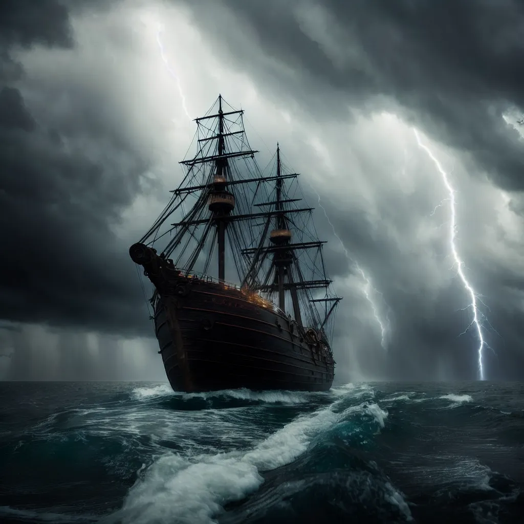 The image is a dark and stormy night. The sea is rough and choppy, and the waves are crashing against the ship. The ship is a tall ship, with three masts and a large sail. It is being blown by the wind and is heeling over to one side. The lightning is flashing in the sky, and the thunder is rumbling. The ship is in danger of being capsized by the storm.