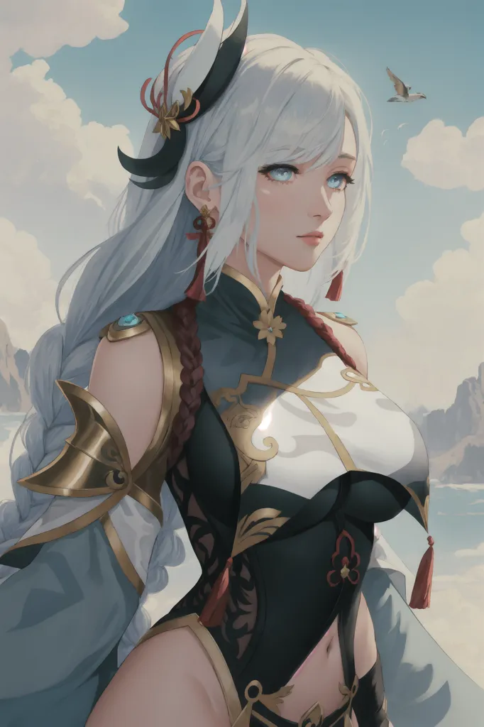 The image is a painting of a beautiful woman with long white hair and blue eyes. She is wearing a traditional Chinese dress with a white and blue top and a black skirt. She has a red and gold headdress and is also wearing red and gold earrings. She is standing in front of a blue background with white clouds. There is a bird flying in the background on the right side. The painting is done in a realistic style and the woman is depicted with great detail.