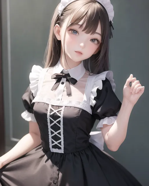 The image depicts a young woman dressed in a maid outfit. She has long brown hair styled in a hime cut, with a white headband and a small black bow on the right side of her head. Her eyes are a light blue color, and she has a gentle smile on her face. She is wearing a black and white maid dress with a white apron. The dress has a sweetheart neckline with a white lace overlay, and the sleeves are short and puffy. The skirt is full and gathered, and it falls to just above the knee. She is also wearing black stockings and white lace-up shoes.