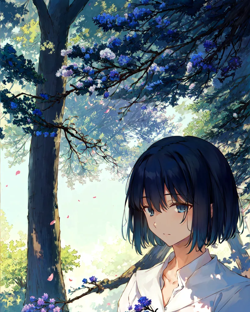 The image is a beautiful anime-style drawing of a girl standing in a forest. The girl has short blue hair and blue eyes, and she is wearing a white shirt. She is standing in a clearing in the forest, and there are trees all around her. The trees are tall and green, and they are covered in leaves. The sun is shining through the trees, and it is creating a dappled pattern on the ground. The girl is looking down at the ground, and she has a sad expression on her face.