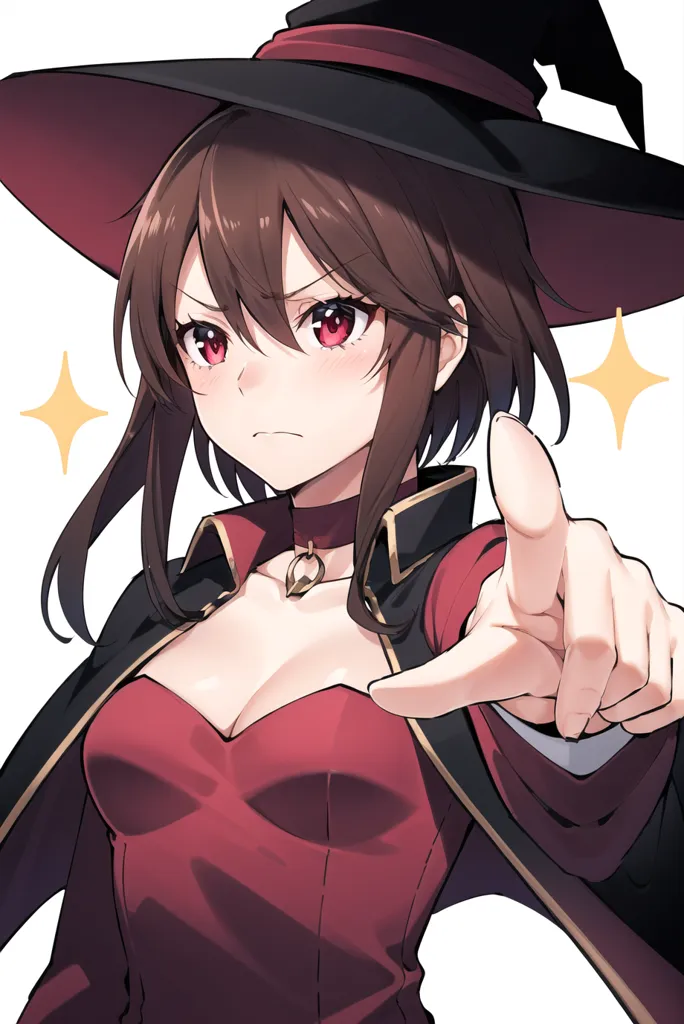 The image is of a young woman with long brown hair and red eyes. She is wearing a black pointed hat and a red dress with a white collar. She has a serious expression on her face and is pointing her finger at the viewer. There are two yellow stars on either side of her head.