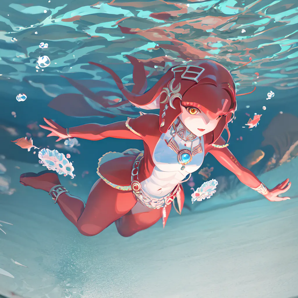 The image is of Mipha, a character from the Legend of Zelda: Breath of the Wild video game. She is shown swimming underwater, with her red hair flowing behind her. She is wearing a white and red swimsuit-like outfit, and is barefoot. The background of the image is a blue-green color, with some light coming in from the surface of the water. There are some small fish and other sea creatures swimming around her.