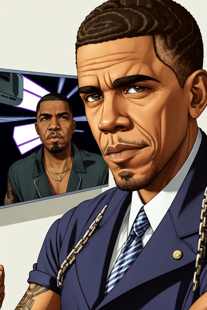 The image is a portrait of Barack Obama. He is wearing a blue suit and tie, and has a serious expression on his face. In the background, there is a picture of a younger Barack Obama, smiling. The image is drawn in a realistic style, and the colors are vibrant and lifelike.