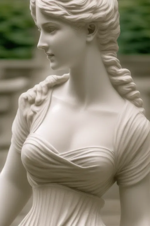The image is a statue of a woman. The woman is depicted with her head turned slightly to the left. She has a serene expression on her face. Her hair is long and flowing, and she is wearing a dress that is draped around her body. The statue is made of white marble, and it is carved with great detail. The woman's skin is smooth and flawless, and her features are delicate and feminine. The statue is mounted on a pedestal, and it is surrounded by a lush green garden.