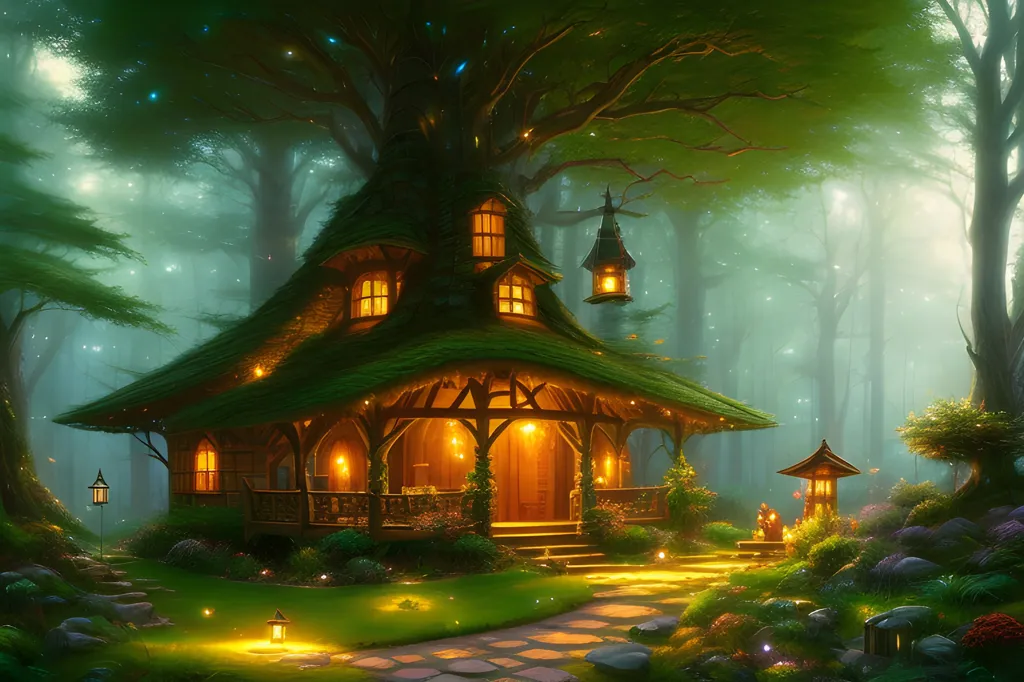 The image is a beautiful depiction of a magical forest. The trees are tall and majestic, and the leaves are a lush green. The forest is bathed in a soft, golden light, and there is a sense of peace and tranquility.

In the middle of the forest is a charming little hobbit house. The house is made of wood and has a thatched roof. It is surrounded by flowers and plants, and there is a small path leading up to the front door.

The image is full of details that make it feel alive. The leaves on the trees are different shapes and sizes, and the flowers are all different colors. The house is also full of details, such as the different types of wood used to build it and the flowers that are growing around it.

The image is a wonderful example of how imagination can create a beautiful and believable world. It is a place that anyone would love to visit.