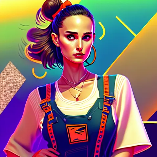 The image is a portrait of a young woman with long brown hair. She is wearing a white shirt and blue overalls. The background is a bright, colorful pattern. The woman is looking at the viewer with a serious expression. She has brown eyes and is wearing light makeup. Her hair is pulled back in a ponytail and she is wearing a yellow scrunchie. She has a confident expression on her face and is standing with her hands on her hips.