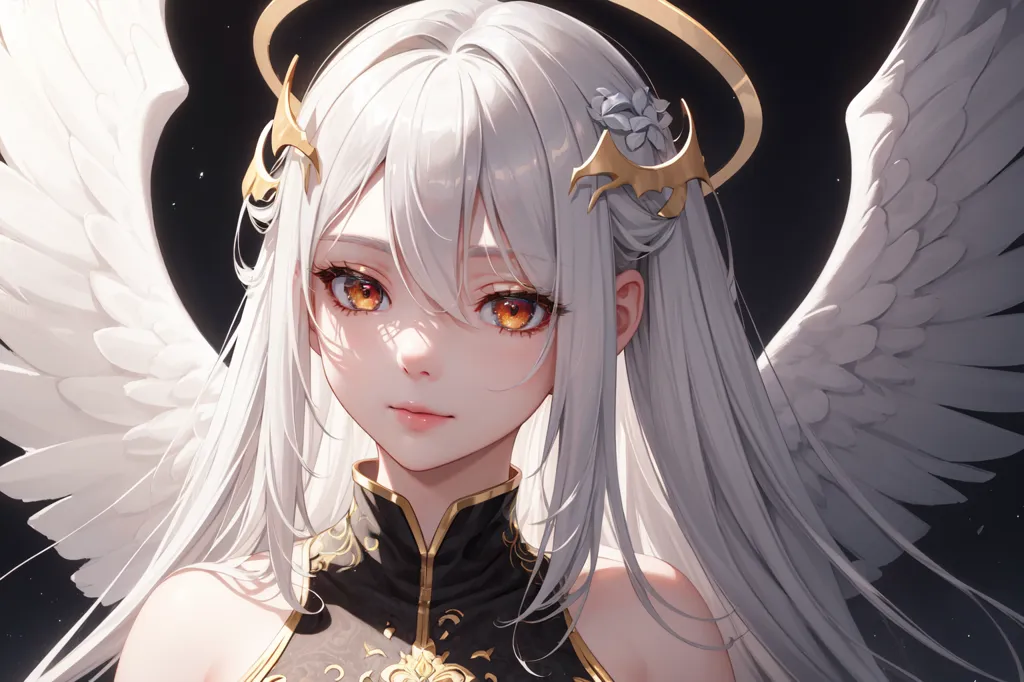 The image is a portrait of a beautiful young woman with long, flowing white hair. She has golden eyes and a gentle smile. She is wearing a black and gold dress with a high collar. She has a pair of white wings and a golden halo above her head. The background is dark with a spotlight shining down on her.