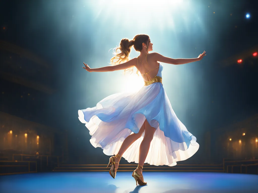 A young woman in a beautiful blue dress is dancing on a stage. She has her arms outstretched and her eyes closed, and she is smiling. The stage is lit by a spotlight, and the background is dark. She is wearing sparkly gold high heels. Her dress is flowing around her as she twirls.