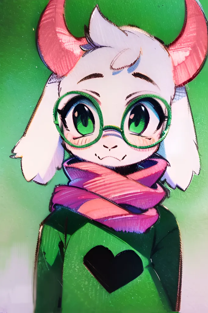 The image is a painting of Ralsei, a character from the indie video game Deltarune. He is a fluffy white goat-like creature with pink horns and green eyes. He is wearing a green sweater with a pink heart on the front and a pink scarf. He is also wearing glasses. The painting is done in a realistic style, and the colors are vibrant and bright. The background is a light green color, and it is blurred, so Ralsei is the main focus of the painting.