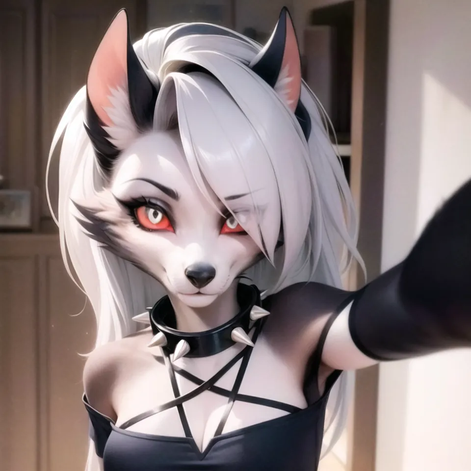 The image is of a beautiful anime girl with wolf ears and red eyes. She has long white hair and a black choker with spikes on it. She is wearing a black dress with a white collar and a black jacket. She is also wearing black gloves and boots. She is standing in a room with a white wall behind her. She is looking at the camera with a sly expression on her face.