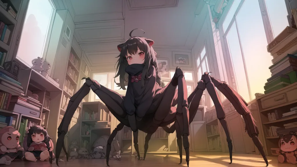 The image is a digital painting of a young woman with long black hair and red eyes. She is wearing a black sweater and a pair of black boots. She also has eight spider legs. She is standing in a room with wooden floors and white walls. There are bookshelves on the walls and a large window on the left side of the room. There are also several stuffed animals on the floor. The woman is looking at the viewer with a curious expression on her face.