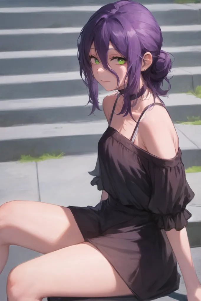The image is a painting of a young woman with purple hair and green eyes. She is wearing a black dress with a white camisole. She is sitting on the steps of a building, with her left leg crossed over her right. Her right hand is resting on her knee, and her left hand is holding her hair. She has a gentle smile on her face. The background is a blurred cityscape.