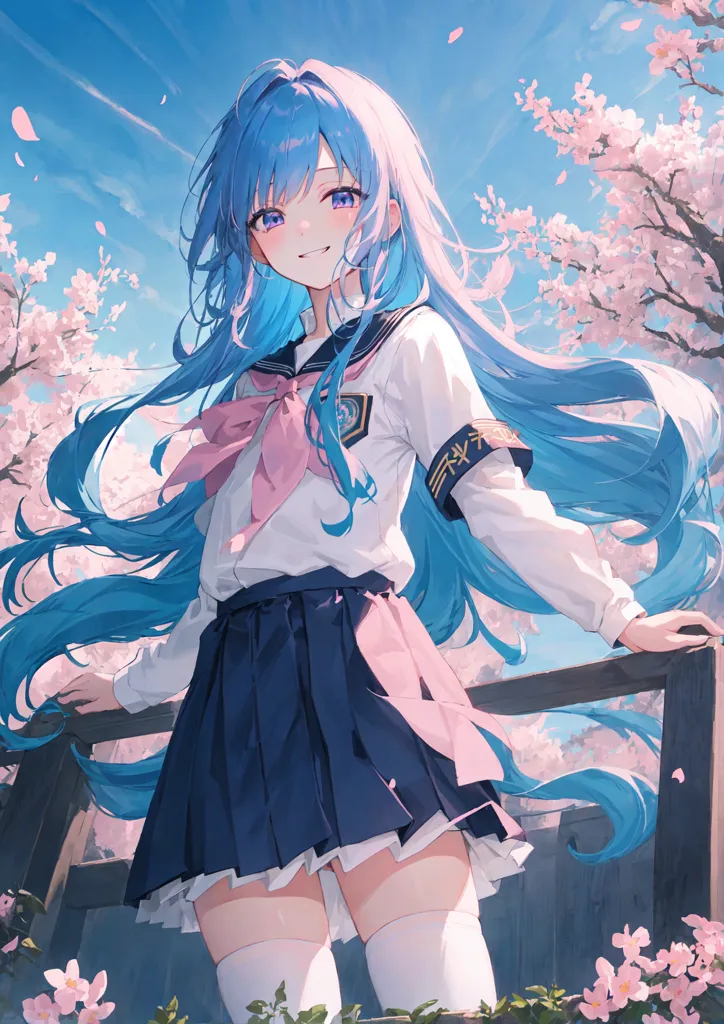 The image is a painting of a young woman with long blue hair. She is wearing a white shirt with a blue tie and a pleated skirt. She is standing on a bridge, leaning against the railing. The background is a sky with cherry blossoms. The painting is done in a realistic style, and the woman's expression is one of happiness.