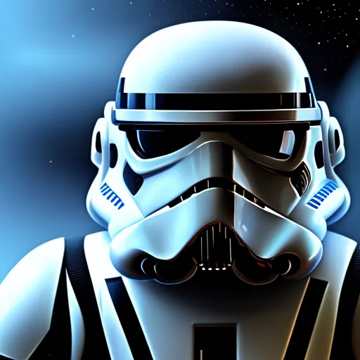 A imagem mostra um close-up do capacete de um Stormtrooper da franquia Star Wars. O capacete é branco com detalhes pretos. Há uma luz azul refletida no capacete. O fundo é azul escuro com estrelas brancas.