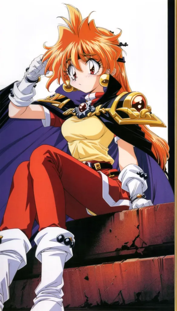 The image contains a young woman with long orange hair and blue eyes. She is wearing a yellow and white outfit with a red cape. She is also wearing white gloves and boots. She is sitting on a ledge with her right hand on her head and the other hanging by her side. She has a thoughtful expression on her face.