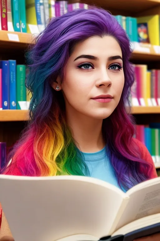 The image shows a young woman standing in a library, reading a book. She has long, purple hair that is also streaked with blue, green, yellow, orange, and red. Her eyes are blue and she is wearing a blue shirt. The library is full of bookshelves and there is a wooden table in the foreground.