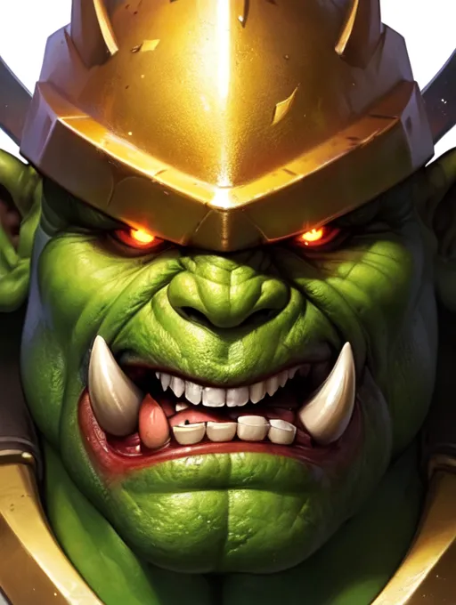 The image is a portrait of an orc. He has green skin and red eyes. He is wearing a golden helmet and has a large mouth with sharp teeth. He is also wearing golden shoulder pads. The background is white and there is a shadow on the left side of the orc's face.