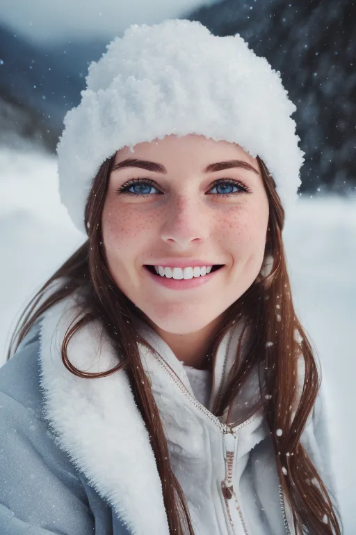 A imagem mostra uma jovem mulher em pé em uma floresta coberta de neve. Ela está usando um chapéu branco e fofinho e um casaco branco com um colarinho de pele. Suas bochechas estão rosadas pelo frio, e seus olhos estão brilhando. Ela tem um sorriso lindo no rosto. O fundo é um borrão de árvores cobertas de neve. A imagem é quente e convidativa, e ela captura a beleza do inverno.