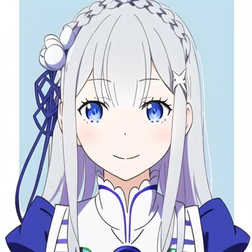 La imagen muestra a una niña joven con el cabello blanco largo y ojos azules. Lleva un vestido blanco y azul con un lazo blanco en el cabello. Tiene una sonrisa suave en su rostro. El fondo es de color azul claro. La niña probablemente sea un personaje de anime.