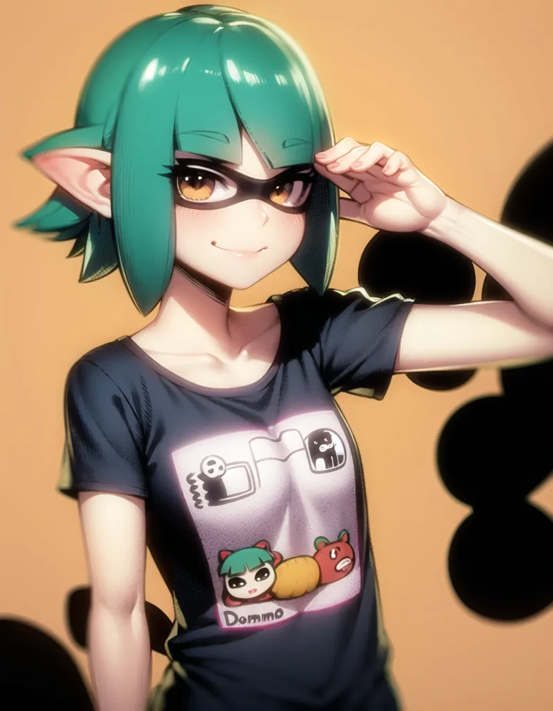 The image is a painting of a young woman with green hair and eyes. She is wearing a black t-shirt with a picture of a cat on it. She has a confident smile on her face and is looking at the viewer. The background is a light orange color. The painting is done in a realistic style and the colors are vibrant and lifelike. The woman's expression is one of happiness and contentment. She seems to be enjoying herself and is comfortable in her own skin. The painting is a beautiful and captures the woman's personality well.