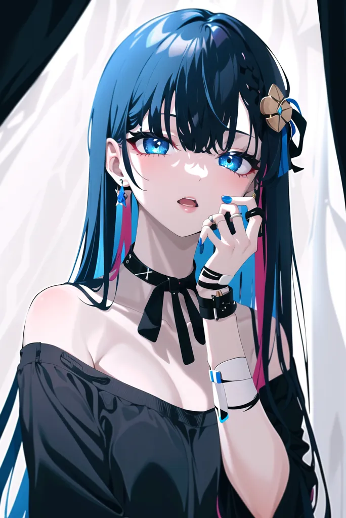 The image shows a young woman with long, blue hair. She is wearing a black off-the-shoulder dress with a white collar. The woman has blue eyes and is wearing blue eyeshadow and dark pink lipstick. There is a pink flower in her hair and she is wearing a black choker with a cross on it.