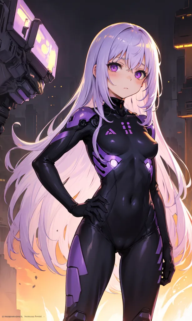 The image is of a young woman with long purple hair and purple eyes. She is wearing a black and purple bodysuit with a high collar and a large purple gem in the center of her chest. She is also wearing a pair of black boots with purple soles. She is standing in a futuristic city with a large building in the background. There is a robot standing behind her.