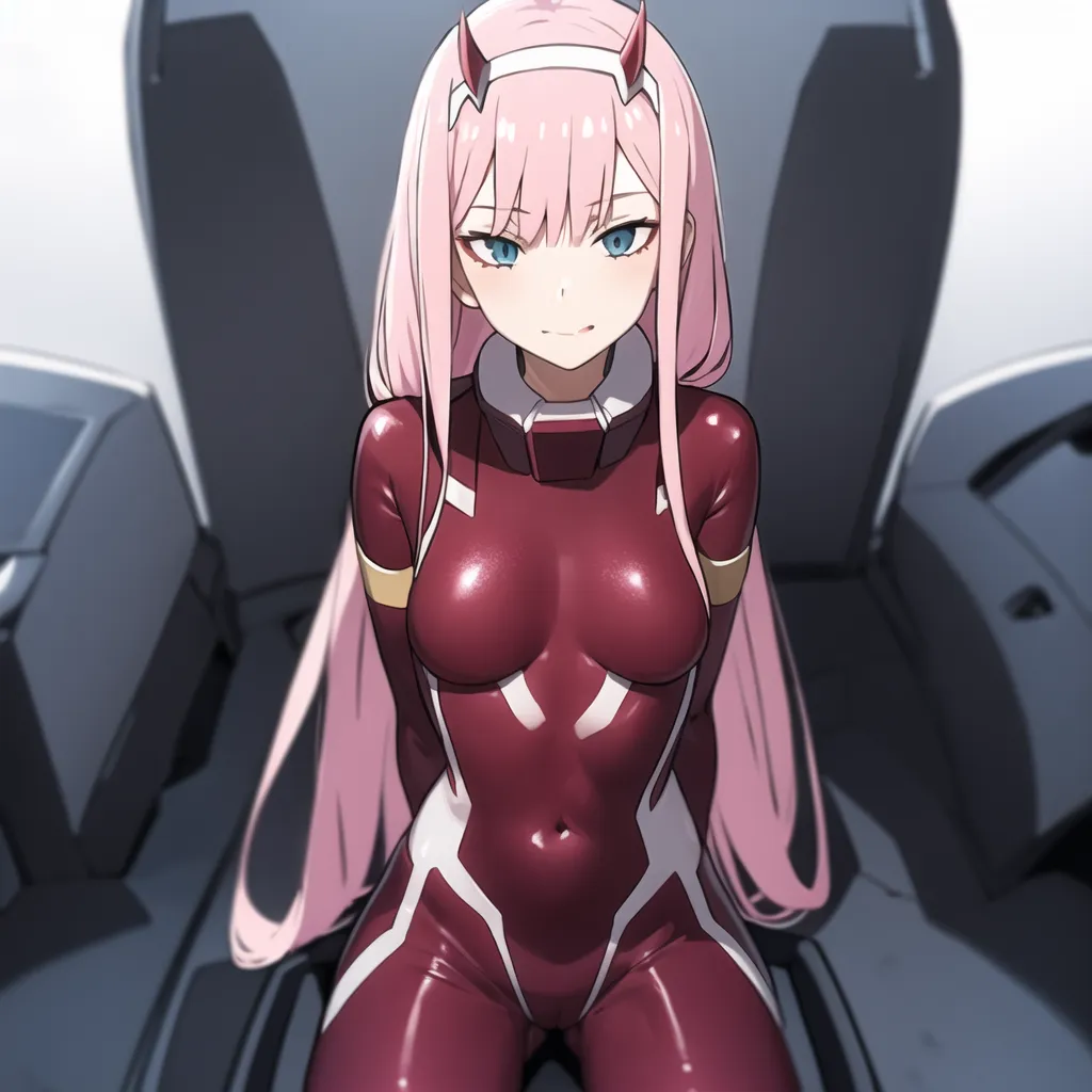 The image is of a young woman with pink hair and blue eyes. She is wearing a red and white bodysuit with a high collar. The bodysuit is made of a shiny material and has a zipper in the front. She is also wearing a pair of black boots. The woman is sitting in a cockpit of some sort, and there are a number of buttons and switches on the dashboard. The woman has a confident expression on her face, and she appears to be ready for action.