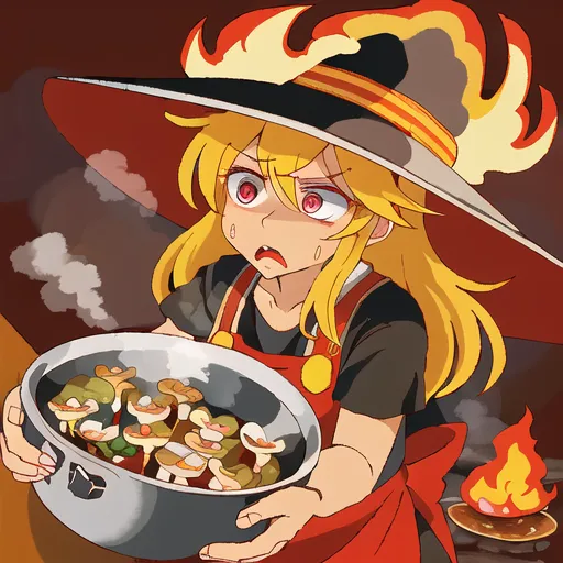 The image shows a young woman with long blond hair and red eyes. She is wearing a black hat with a red band and a red apron. She is standing in front of a cauldron with a fire underneath it. The cauldron is filled with a strange-looking soup. The woman is holding a ladle in her right hand and is stirring the soup. She has a worried look on her face. In the background, there is a window with a red curtain.
