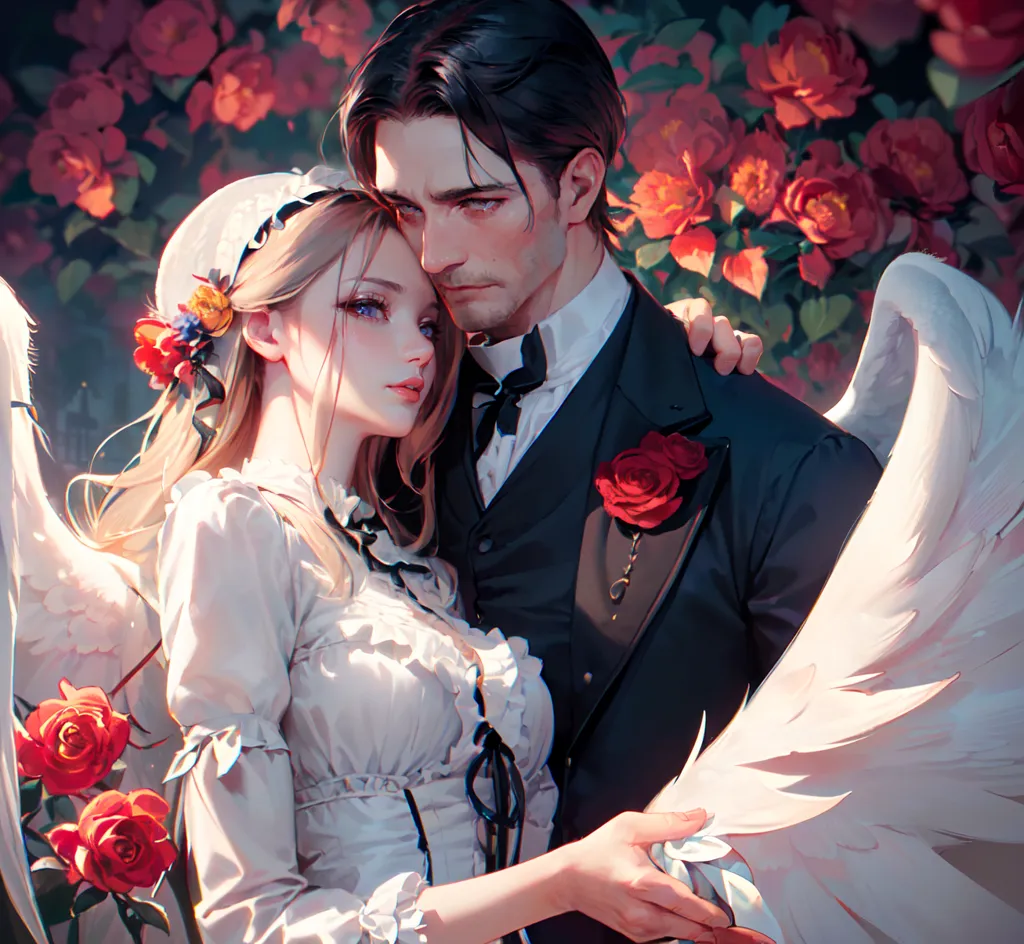 This is an image of a man and a woman, who are presumably a couple, standing in a garden. The man is dressed in a black suit and tie, with a red rose pinned to his lapel. The woman is wearing a white dress with a sweetheart neckline and a full skirt. She has a red rose in her hair. Both the man and the woman have angel wings. The man has his arm wrapped around the woman's waist, and they are looking at each other with love in their eyes. The background is a blur of red roses.