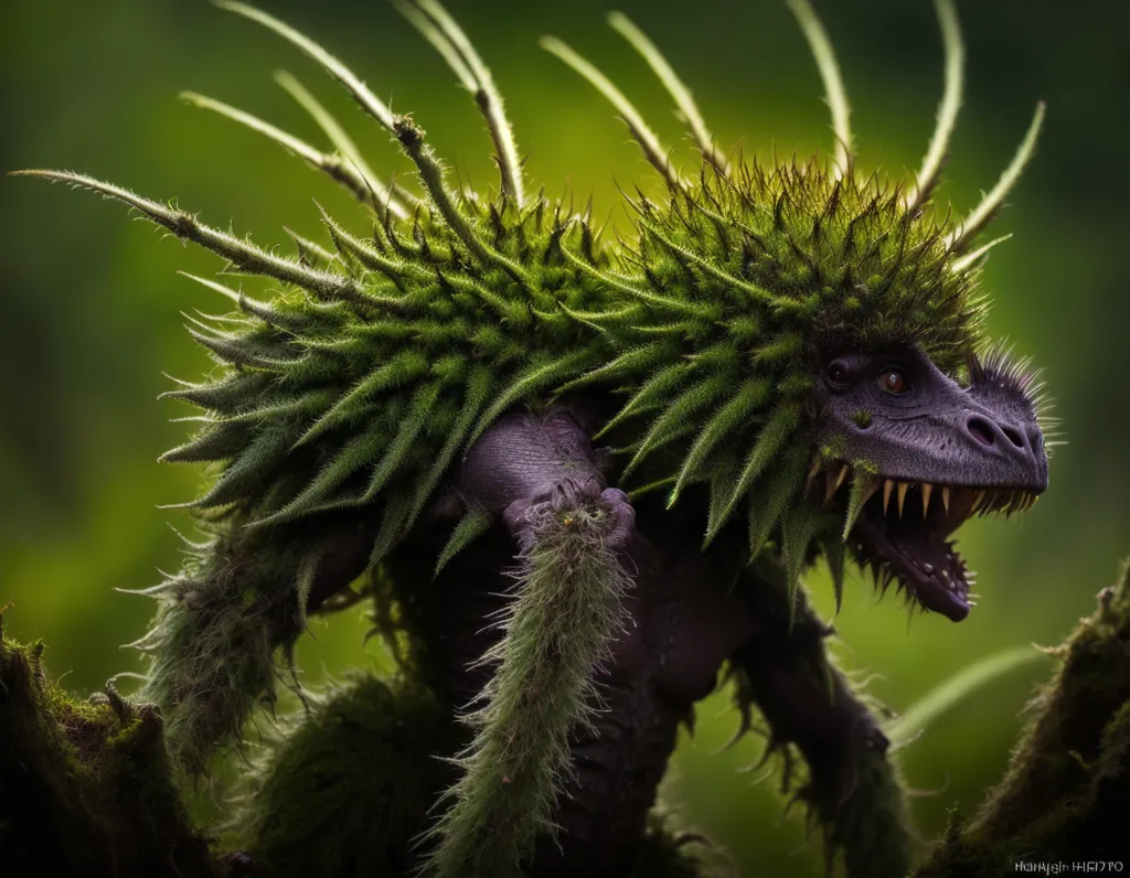 The image is a close-up of a strange creature that is covered in green moss. The creature appears to be a mix of a dinosaur and a plant. It has a long, spiked snout, sharp teeth, and a body that is covered in thick, green moss. The creature is standing in a forest, and the background is blurred.