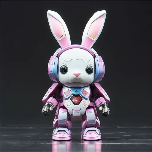 The image shows a small toy robot that looks like a rabbit. It has pink and white armor, and a rose on its chest. It is wearing headphones and has a heart-shaped nose. The robot is standing on a black surface.