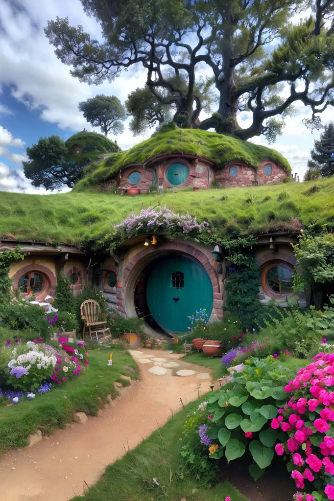 The image is of a hobbit hole, which is a type of house that is common in the Lord of the Rings series of books and movies. Hobbit holes are typically underground, and they have a round door and a thatched roof. The image shows a hobbit hole that is located in a rural setting. There are flowers and trees around the hobbit hole, and there is a path that leads up to the door. The hobbit hole is made of wood and stone, and it has a green door.