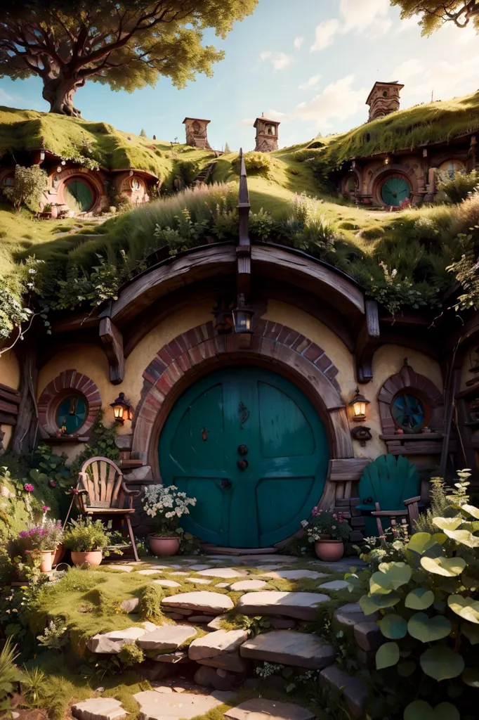 The image is a digital painting of a hobbit hole. The hobbit hole is a round, underground home with a green door. It is located in a lush, green field with a large tree nearby. The hobbit hole is surrounded by flowers and plants and has a small path leading up to the front door.