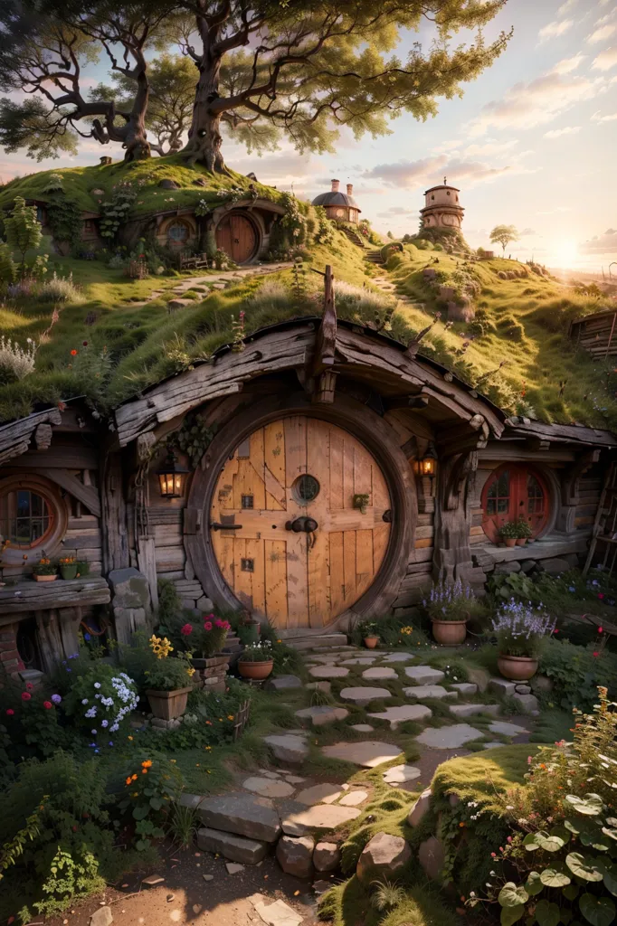 The image is a digital painting of a hobbit hole. The hobbit hole is a round, wooden door set into a hillside. The door is surrounded by flowers and plants. There is a path leading up to the door. The hobbit hole is located in a rural setting. There are trees and hills in the background. The image is warm and inviting. It evokes a sense of wonder and magic.