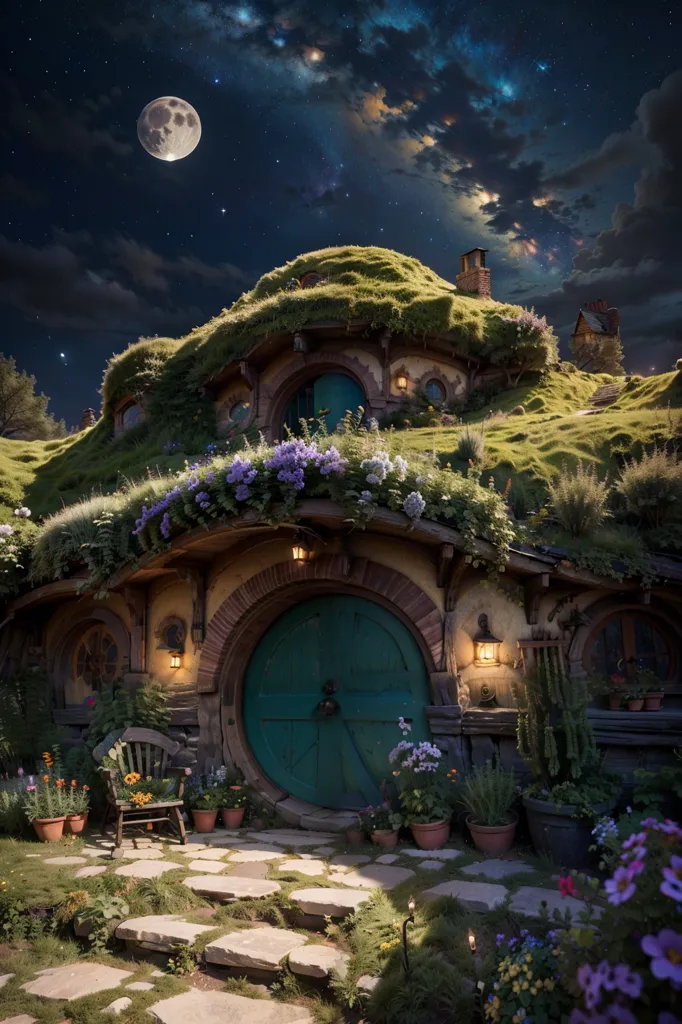 The image is a digital painting of a hobbit hole. The hobbit hole is a round, underground home with a green door and a thatched roof. It is located in a rural setting, with a large tree and a river nearby. The sky is dark, and there is a full moon shining. The image is peaceful and serene, and it evokes a sense of wonder and magic.