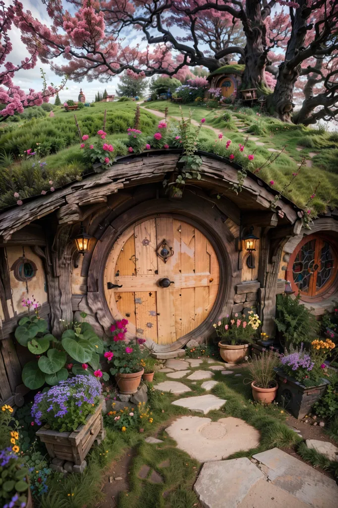 The image is a beautiful depiction of a hobbit hole, the fictional underground homes of hobbits from J.R.R. Tolkien's 'The Lord of the Rings' series. The hobbit hole is surrounded by a lush green landscape, with flowers of all colors blooming in the foreground. The round wooden door is open, inviting visitors to enter. The image is full of charm and whimsy, and it perfectly captures the spirit of Tolkien's beloved Middle-earth.