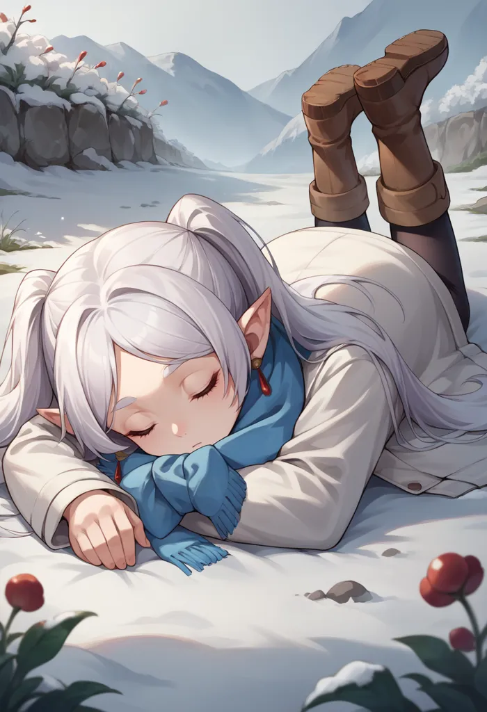 A beautiful elf girl with long white hair and silver eyes is sleeping on the snow. She is wearing a white dress and a blue scarf. Her boots are brown and her ears are pointed. The background is a snowy mountain landscape.