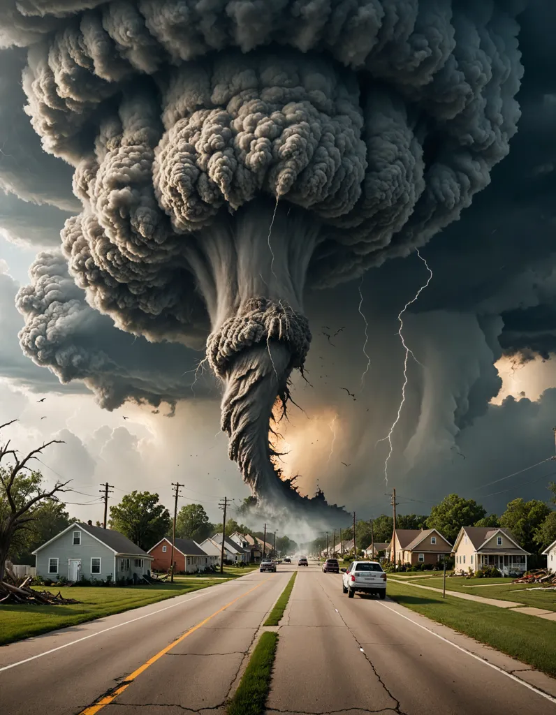 The image shows a large tornado. The tornado is surrounded by dark clouds and lightning. The tornado is destroying a street. There are houses and cars on the street. The tornado is picking up the cars and houses. The people are running away from the tornado. The tornado is very powerful and destructive.