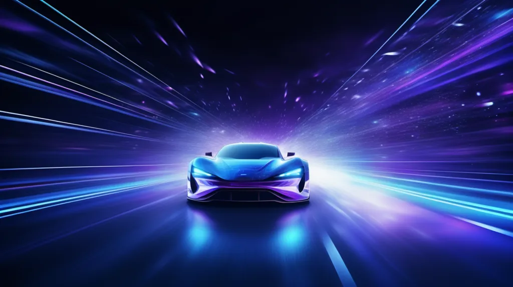 A sleek blue sports car speeds down a dark road. The car is surrounded by streaks of light, and the background is a blur of purple and blue. The car is in the center of the image, and it is clear that it is moving very fast. The image is full of energy and excitement, and it captures the feeling of speed and exhilaration.