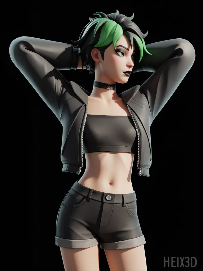 The picture shows a young woman, probably in her early 20s. She has green hair, dark makeup around her eyes, and a black choker around her neck. She is wearing a black crop top, a black jacket, and black shorts. She is standing with her hands behind her head, showing off her midriff.