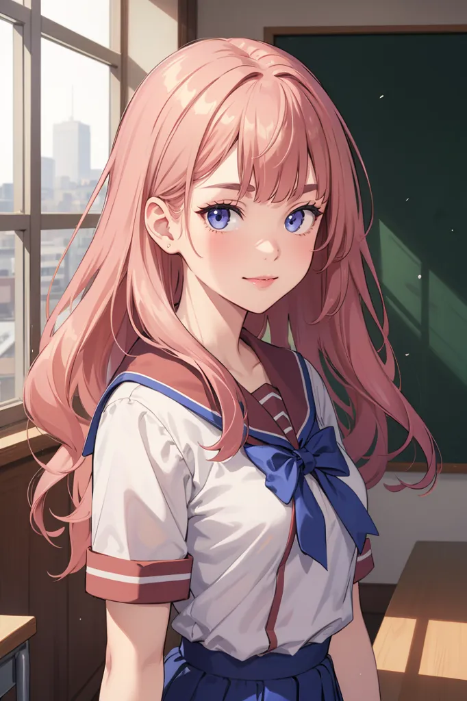 The image shows a young girl with pink hair and blue eyes. She is wearing a white shirt with a blue bow and a pleated skirt. She is standing in a classroom, with a blackboard and a window behind her. The girl has a gentle smile on her face and is looking at the viewer.