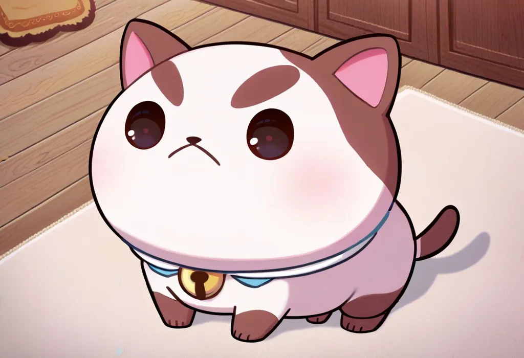 The image shows a cute cat with big round eyes and a pink nose. It has a white body with brown patches on its head and back. It is wearing a blue collar with a bell. The cat is standing on a brown wooden floor in front of a white door. There is a brown cabinet next to the door.