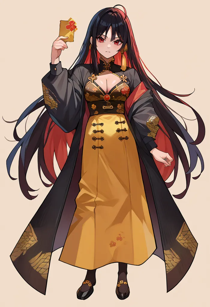 The picture shows a beautiful girl with long black hair and red eyes. She is wearing a yellow and black旗袍with a long black coat. The girl is holding a red paper packet with both hands in front of her chest.