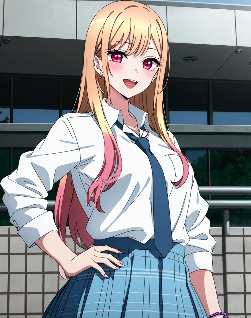 The image shows an anime girl with long blonde hair that fades to pink at the tips. She has pink eyes and is wearing a white button-down shirt with a blue tie, a gray skirt, and a pink bracelet on her right wrist. She has a confident smile on her face and is standing with one hand on her hip.