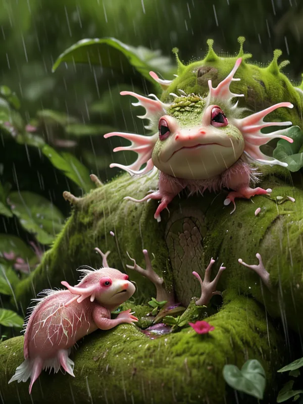 The image depicts a mossy forest floor with two fantastical creatures. The larger one resembles a frog with pink frills around its face and a green mossy body. The smaller one resembles a salamander with a long pink body and a frilled tail. Both creatures have large, round eyes and are looking at each other. The forest floor is covered in moss, mushrooms, and other vegetation, and it is raining lightly.