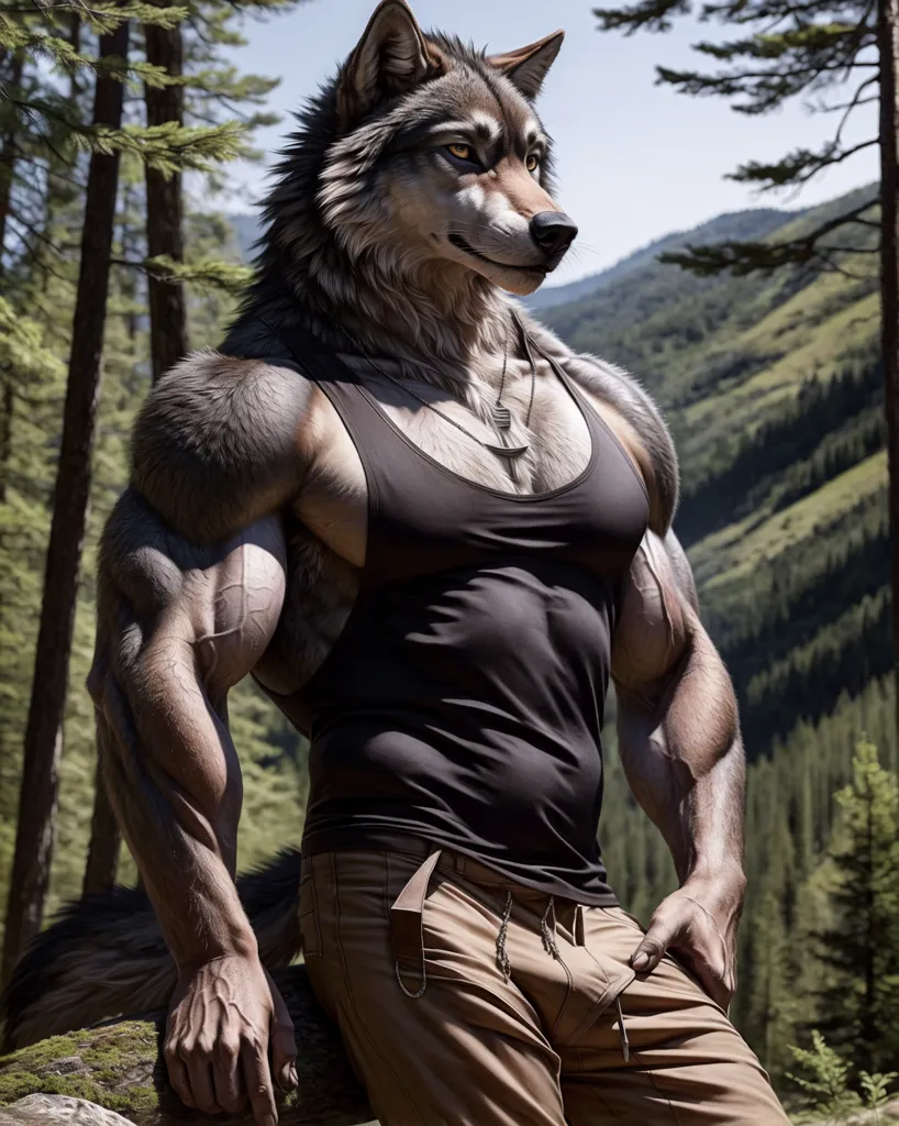 The image depicts a muscular anthropomorphic wolf standing in a forest. The wolf is wearing a black tank top and brown pants. He has a confident expression on his face and is looking to the side. The background is a lush forest with green trees and mountains in the distance.