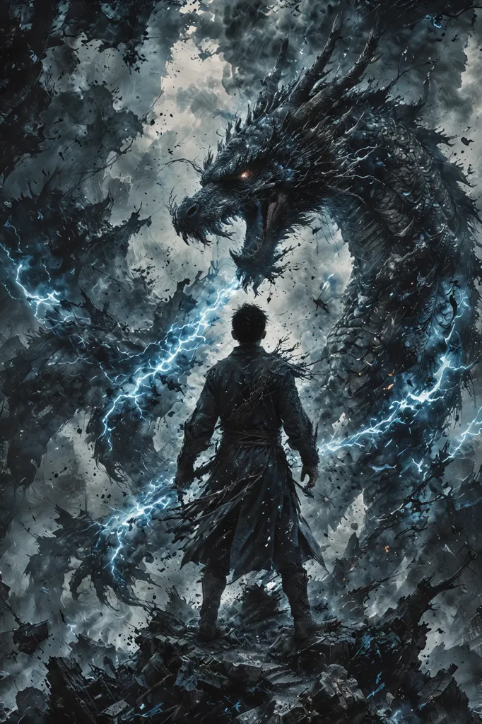 In the midst of a stormy sky, a lone figure stands tall, facing an imposing black dragon. The man is dressed in dark robes and has a determined expression on his face. The dragon roars and lightning strikes all around, but the man remains unyielding. He raises his sword and charges towards the dragon, ready to do battle.